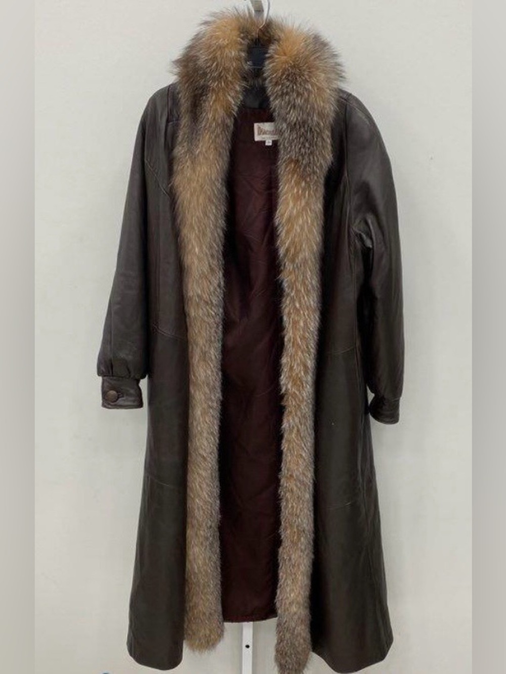 Damselle Vintage Brown Leather Fox
Fur Trim Long Trench Coat Size S